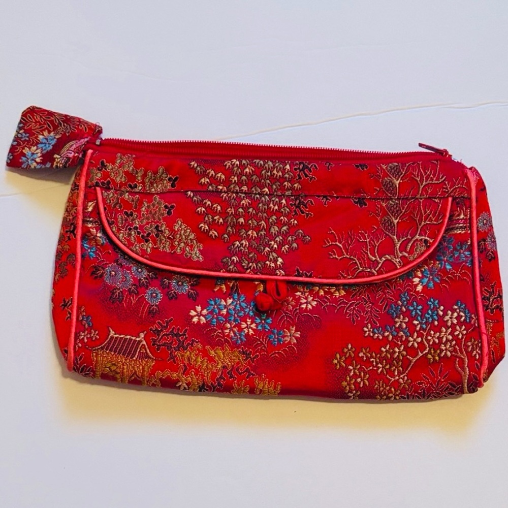 Made in Hong Kong | Red Satin Floral & Backdrop Wristlet purse Make up Feminine